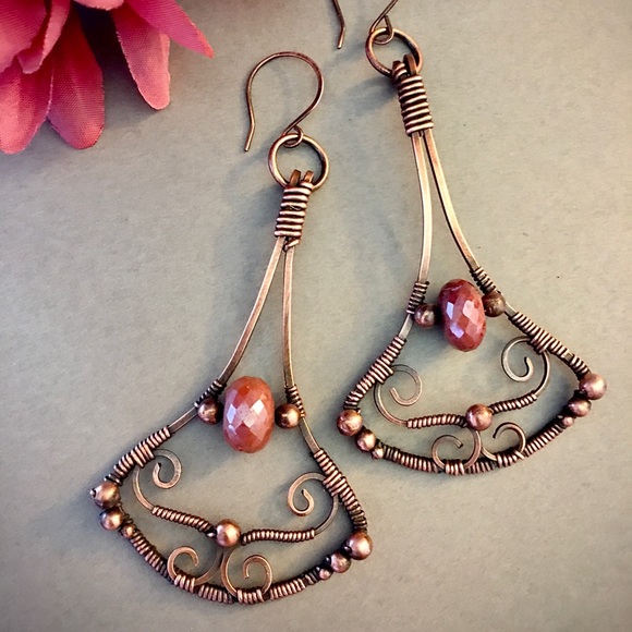 Peach moonstone wire wrapped statement earrings - Picture 2 of 5